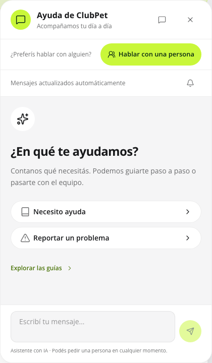 Chat de ayuda de ClubPet Negocios con estado de actualización automática, campana para controlar el sonido y contacto humano
