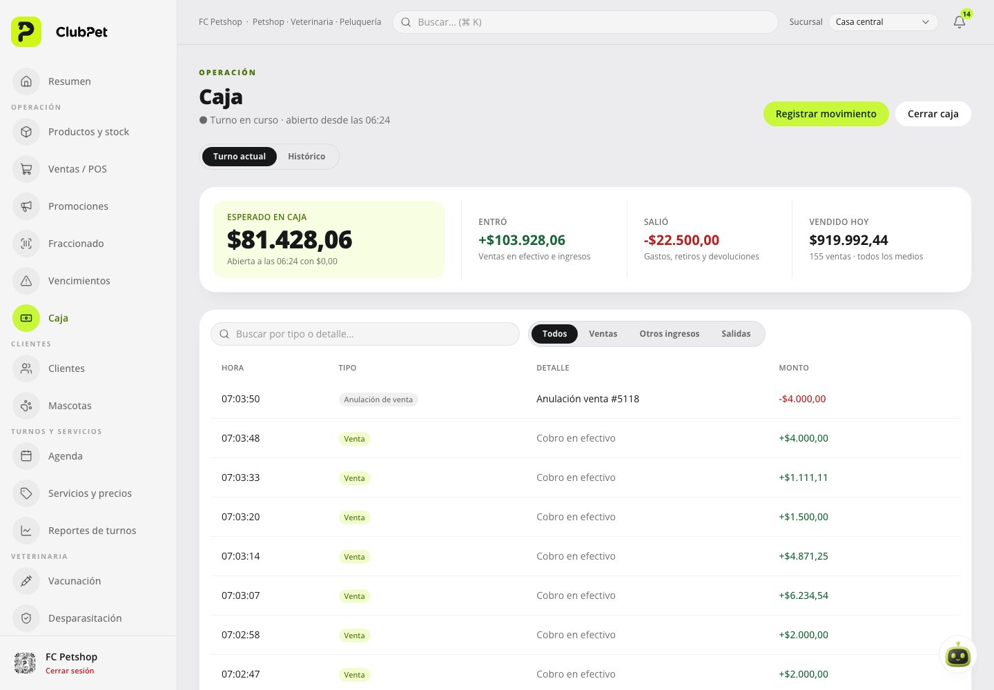 Caja en ClubPet Negocios, entorno de pruebas