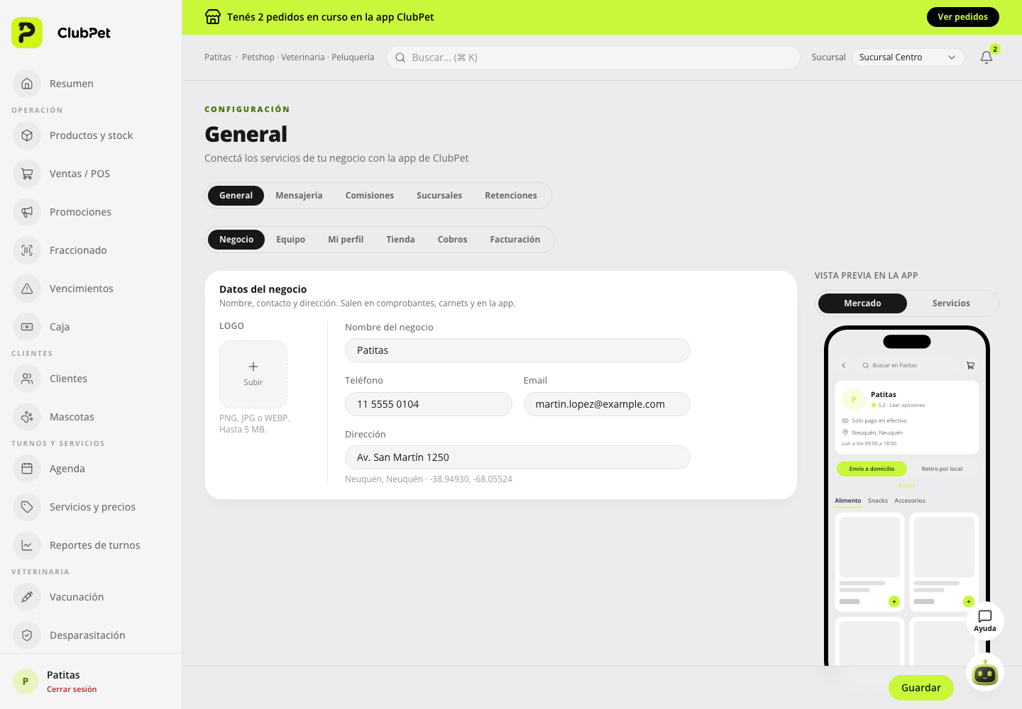 Configuración del negocio en ClubPet Negocios, con datos ilustrativos