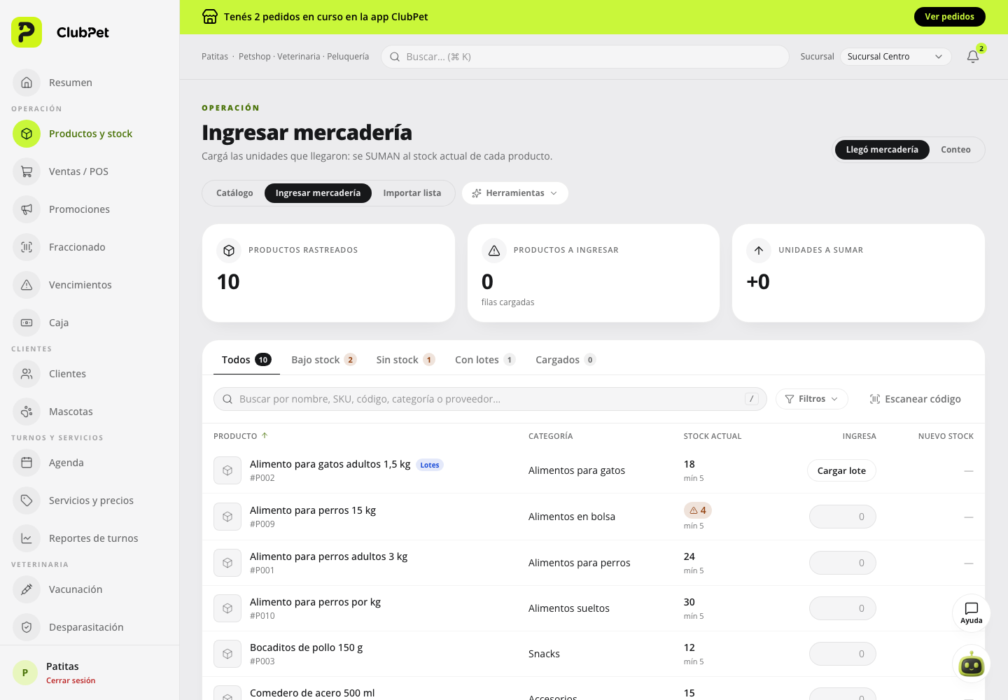 Ingresar mercadería en ClubPet Negocios, con datos ilustrativos